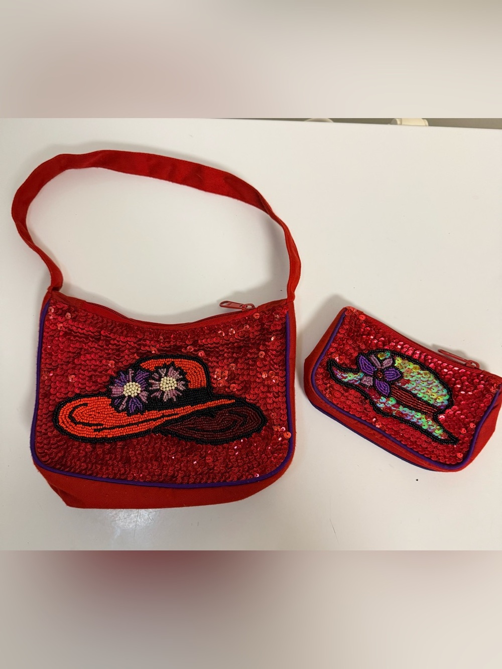 Vintage Red Hat Society shoulder bag purse and coin purse sequin and beaded EUC